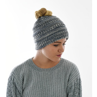 Three Toned Messy Bun Beanie | Denim Blue / Grey / Off White