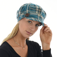 Check Newsboy Hat with Bow & Button | Blue - Teal Blue | S