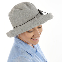 Big Button Linen Bucket Hat | Light Grey with fine stripes