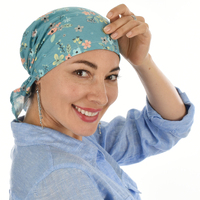 Chemo Head Wrap Scarf & Visor Set | Olive Sage Green Visor & Teal Blue Floral Headwrap | XS/S