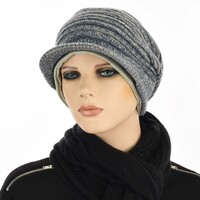 Ribbed Slouchy Beanie Cap with Swirly Jersey Beanie Liner | Denim Blue Grey Cream Three-toned