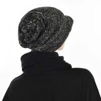 Ribbed Slouchy Beanie Cap with Swirly Jersey Beanie Liner | Black and White Two-toned