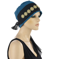 COTTON TURBAN WITH BLACK SASH | Blue - Teal Blue