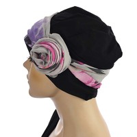Premium Cotton Chemo Hat with Scarf Band | Option 6 | Black Beanie N Light Grey Scarf Band