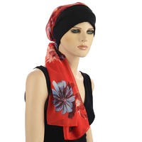 Premium Cotton Chemo Hat with Scarf Band | Option 7 | Black Beanie N Red Scarf Floral Band