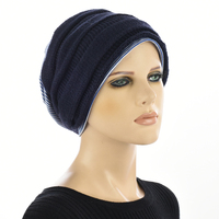 Striped Cotton Beanie with Turban Headband | Navy/White+Royal Blue