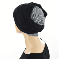 Striped Cotton Beanie with Turban Headband | Black/White+Black