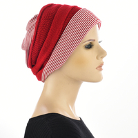 Striped Cotton Beanie with Turban Headband | Red/White+Deep Red