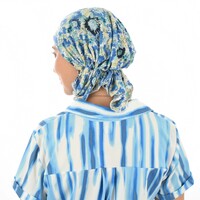 Stretch Floral Pre-tied Scarf Holly | #1 Daisy Flower Print Blue & Cream 