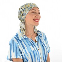 Stretch Floral Pre-tied Scarf Holly | #6 Watercolour Flowers Green Blue & Mustard