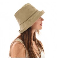 Linen Deep Crown Bucket Hat with Chin Strap | Khaki Tan
