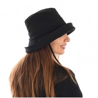 Linen Deep Crown Bucket Hat with Chin Strap | Black