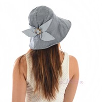 Packable Sun Hat with Pin Striped Bow and Buckle - Helen | Slate Blue Grey