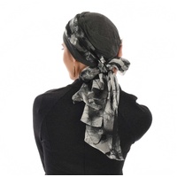 Bamboo Turban with Pearl Ring & Sash Set | Dark Grey & Leaf Sketch Print Scarf