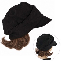 Black Linen Ruched Hat with Attached Hair