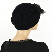 Knitted Beanie Turban with Flower Stella | Black