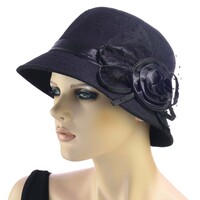 Felt Cloche Hat with Lace and Satin Flower | Black