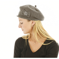 Wool Knit beret Bow on Side | Dark Vanilla / Beige Grey Gray