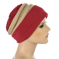Cotton Beanie and Knit Turban Headband Set | XS/S | Option S1 | Beige Band N Deep Red Beanie