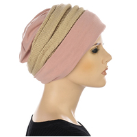 Cotton Beanie and Knit Turban Headband Set | XS/S | Option S5 | Beige Band N Pink Beanie