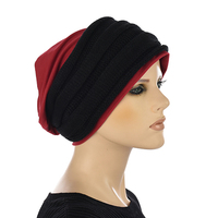 Cotton Beanie and Knit Turban Headband Set | XS/S | Option S6 | Black Band N Deep Red Beanie