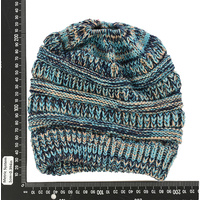 Three Toned Messy Bun Beanie | Turquoise Blue / Navy / Beige