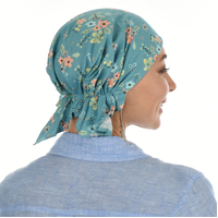 Chemo Head Wrap Scarf & Visor Set | Olive Sage Green Visor & Teal Blue Floral Headwrap | XS/S