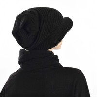Ribbed Slouchy Beanie Cap with Swirly Jersey Beanie Liner | Black