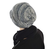 Ribbed Slouchy Beanie Cap with Swirly Jersey Beanie Liner | Denim Blue Grey Cream Three-toned