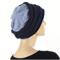 Striped Cotton Beanie with Turban Headband | Navy/White+Royal Blue