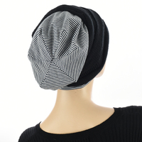 Striped Cotton Beanie with Turban Headband | Black/White+Black