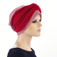 Striped Cotton Beanie with Turban Headband | Red/White+Deep Red