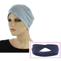 Bamboo Turban with Mix n Match Headband Set | #1 Baby Blue Hat & Navy Band
