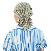 Stretch Floral Pre-tied Scarf Holly | #6 Watercolour Flowers Green Blue & Mustard