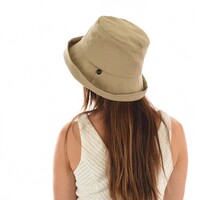 Linen Deep Crown Bucket Hat with Chin Strap | Khaki Tan