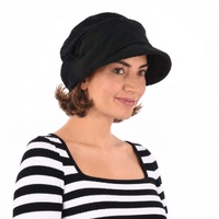 Black Linen Ruched Hat with Attached Hair