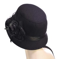 Felt Cloche Hat with Lace and Satin Flower | Black