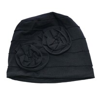 Dual Flower Pleated Cotton Beanie | Black