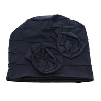 Dual Flower Pleated Cotton Beanie | Blue - Navy Blue / Dark Blue