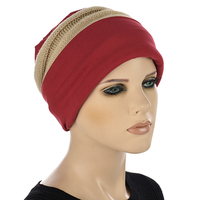 Cotton Beanie and Knit Turban Headband Set | XS/S | Option S1 | Beige Band N Deep Red Beanie
