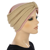 Cotton Beanie and Knit Turban Headband Set | XS/S | Option S5 | Beige Band N Pink Beanie