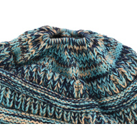 Three Toned Messy Bun Beanie | Turquoise Blue / Navy / Beige