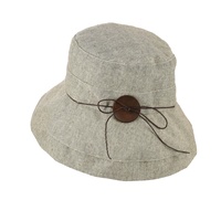 Big Button Linen Bucket Hat | Light Grey with fine stripes