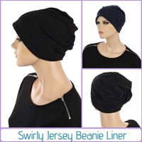 Ribbed Slouchy Beanie Cap with Swirly Jersey Beanie Liner | Black