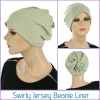 Ribbed Slouchy Beanie Cap with Swirly Jersey Beanie Liner | Denim Blue Grey Cream Three-toned