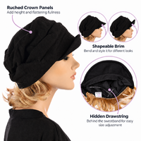 Black Linen Ruched Hat with Attached Hair