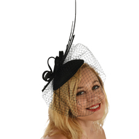 Fascinator - Amanda with Feather Quills and Netting Veil | Black