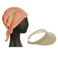 Chemo Head Wrap Scarf & Visor Set | Beige Visor & Orange Apricot Floral Headwrap | XS/S