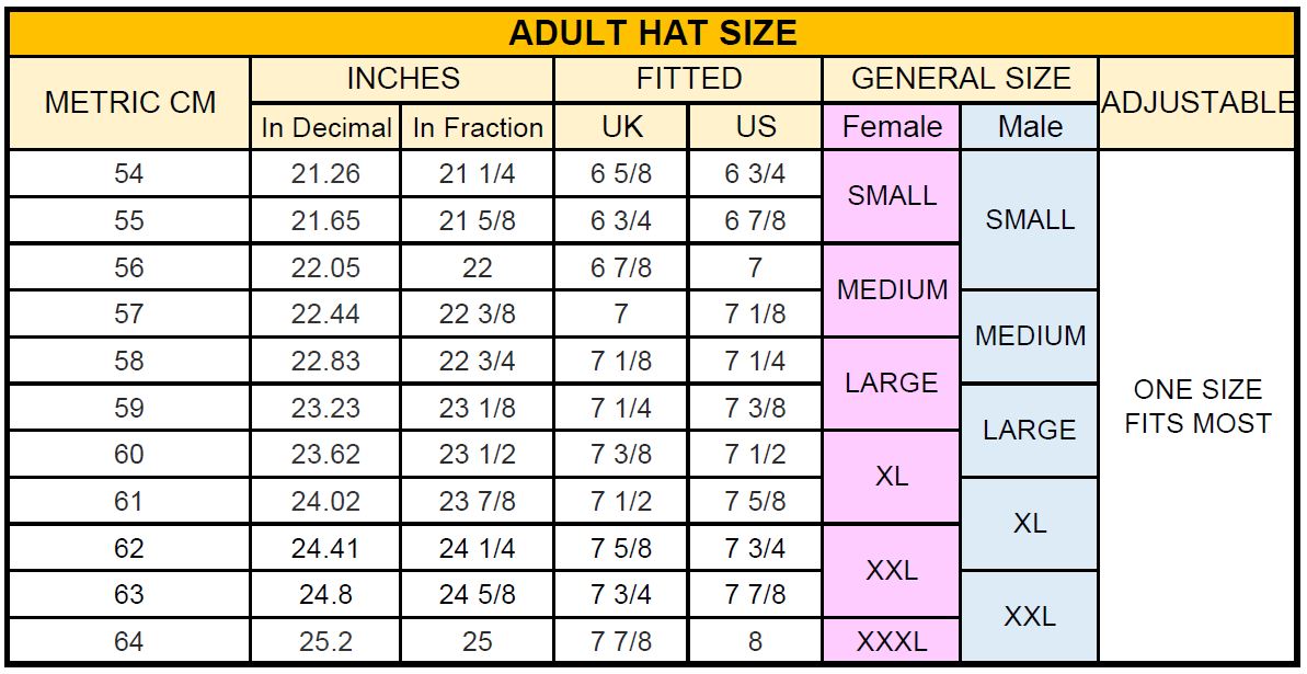 Adult Head Size Chart