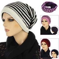 Stripe-Solid Knit Reversible Beanie